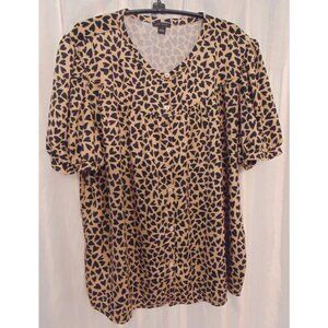 Ann Taylor Tan/Black Hearts Blouse Top Shirt sz L Puff sleeve Button up V neck